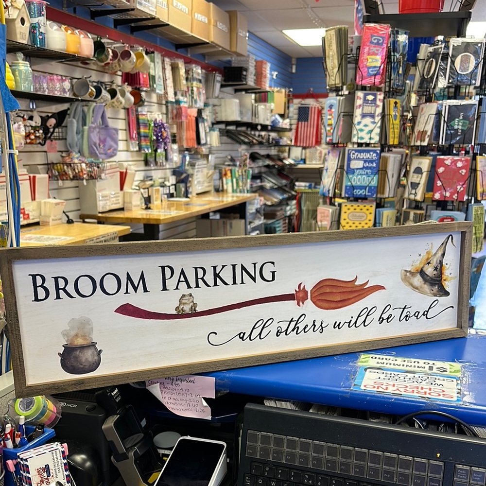 Broom Parking Sign with Witch Hat and Cauldron